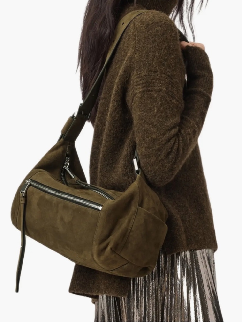 All Saints Olive Vega Suede Shoulder Bag